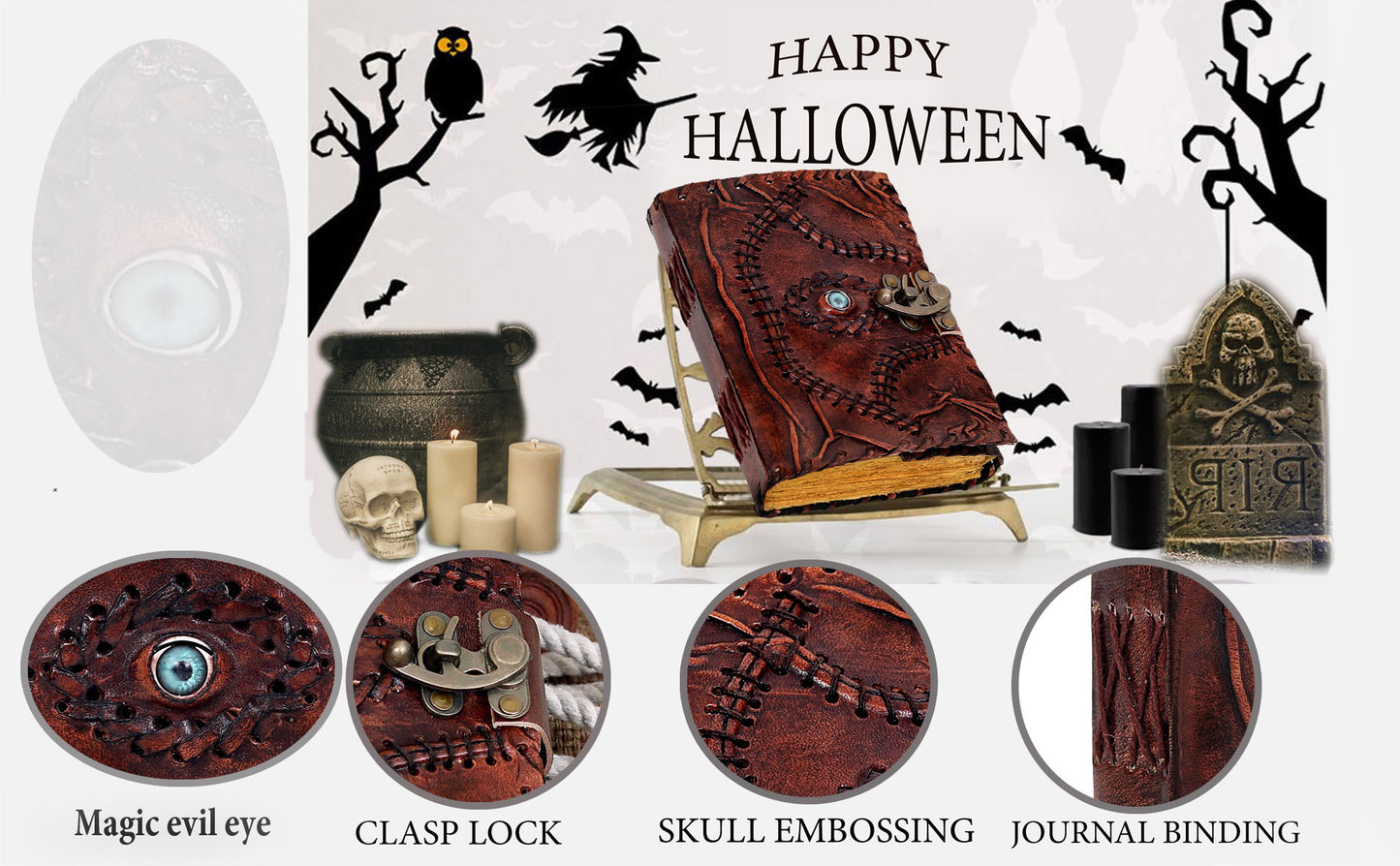 Halloween Special Hocus Pocus Book of Spells Leather Journal Writing Book - Black