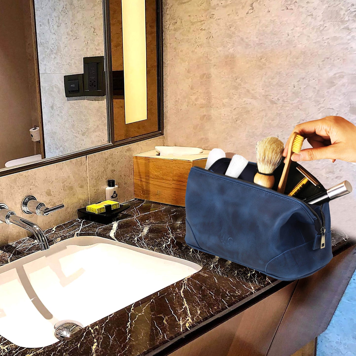 Euphrates Leather Toiletry & Large Dopp Kit - Navy