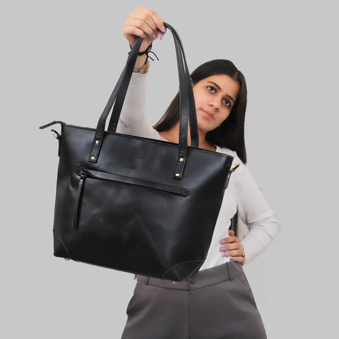 PORTLAND BUFFALO LEATHER TOTE BAG - BLACK