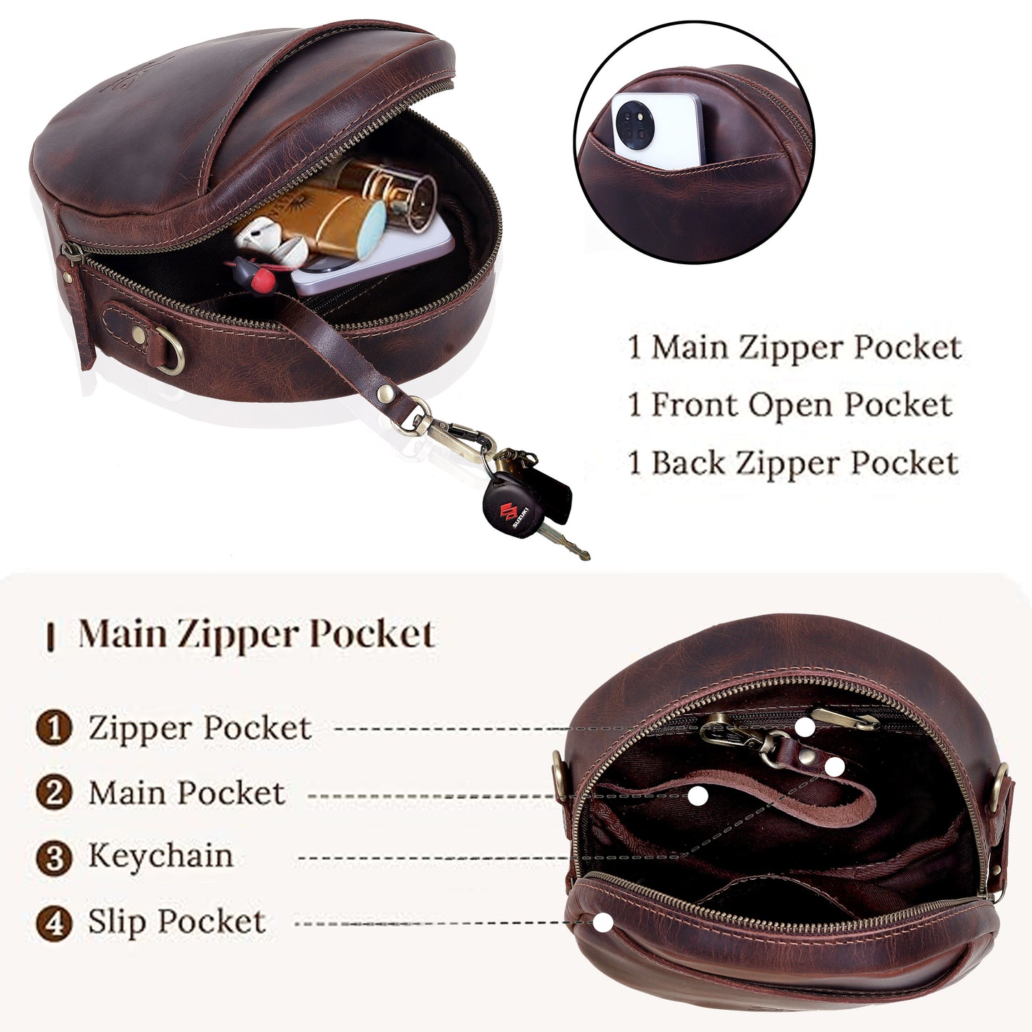 Portland Buffalo Leather Circle Crossbody - Brown