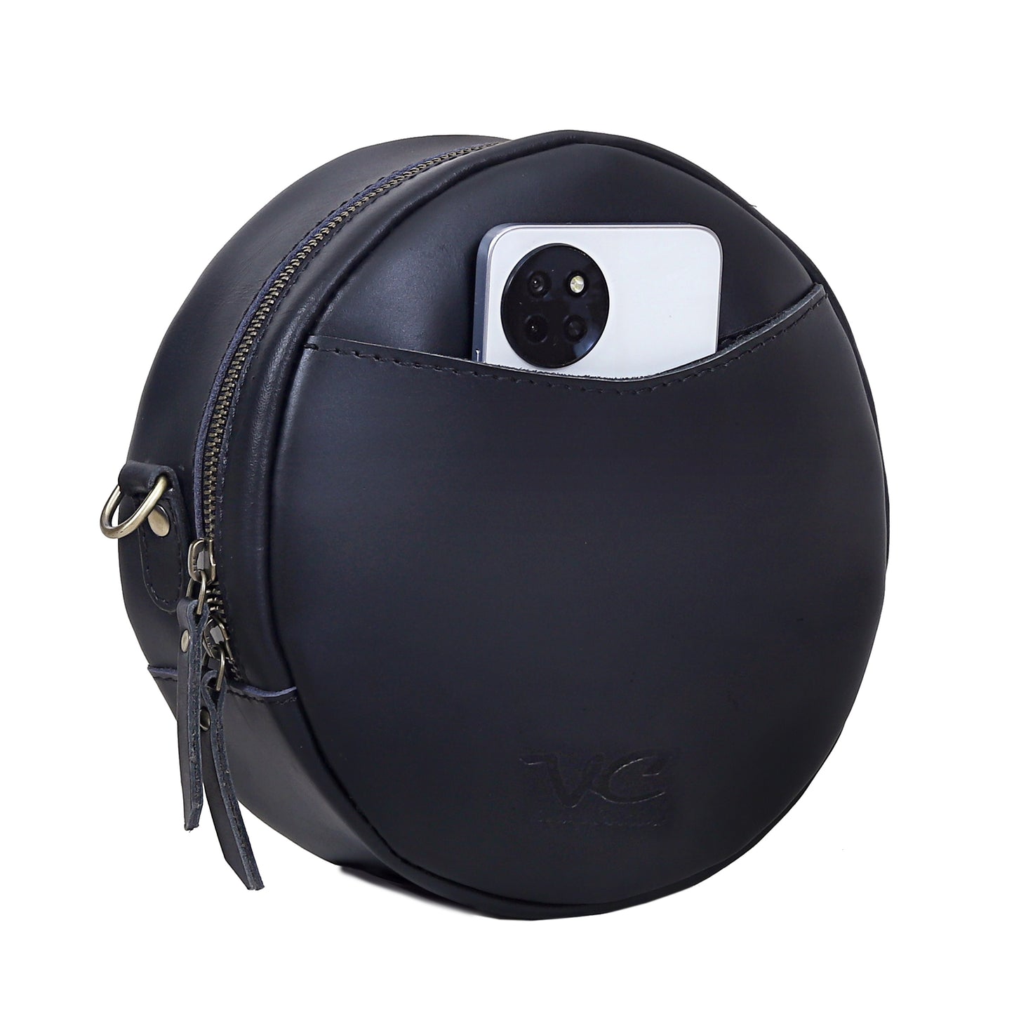 Portland Buffalo Leather Circle Crossbody - Black