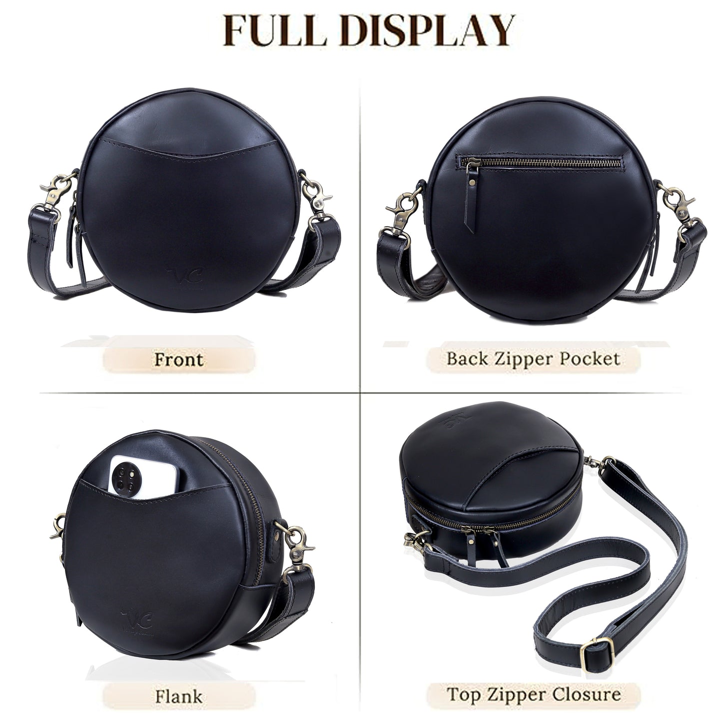 Portland Buffalo Leather Circle Crossbody - Black