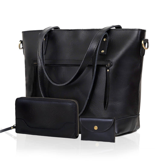 PORTLAND BUFFALO LEATHER TOTE BAG COMBO - BLACK