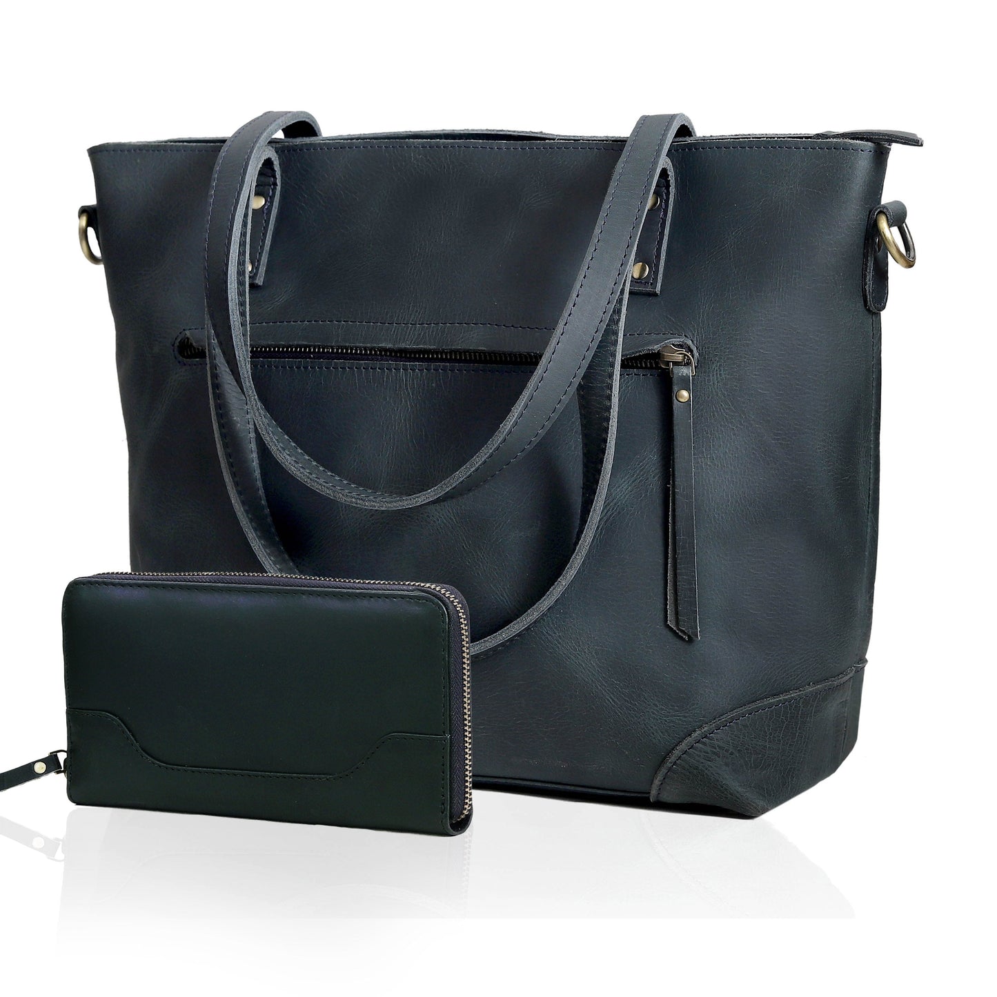 PORTLAND BUFFALO LEATHER TOTE BAG - NAVY