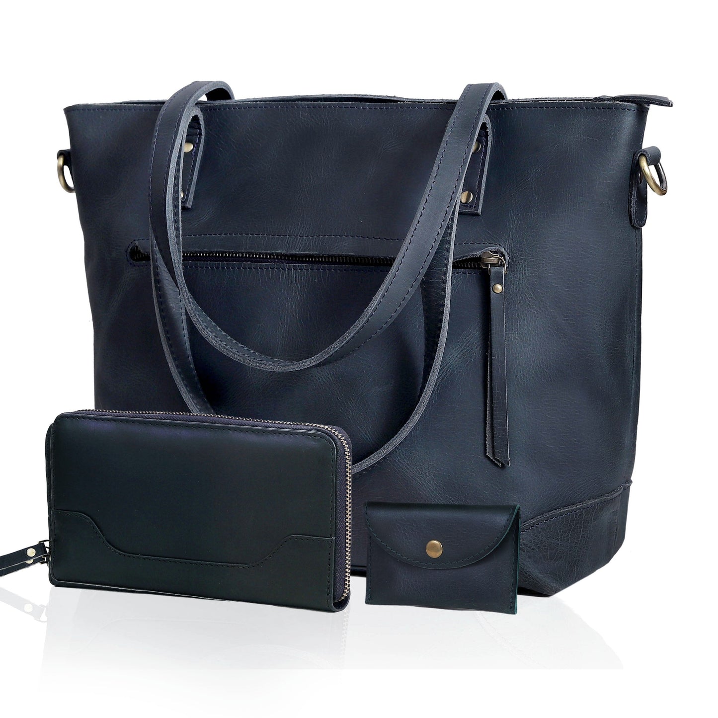 PORTLAND BUFFALO LEATHER TOTE BAG - NAVY
