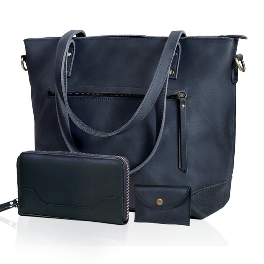 PORTLAND BUFFALO LEATHER TOTE BAG COMBO - NAVY