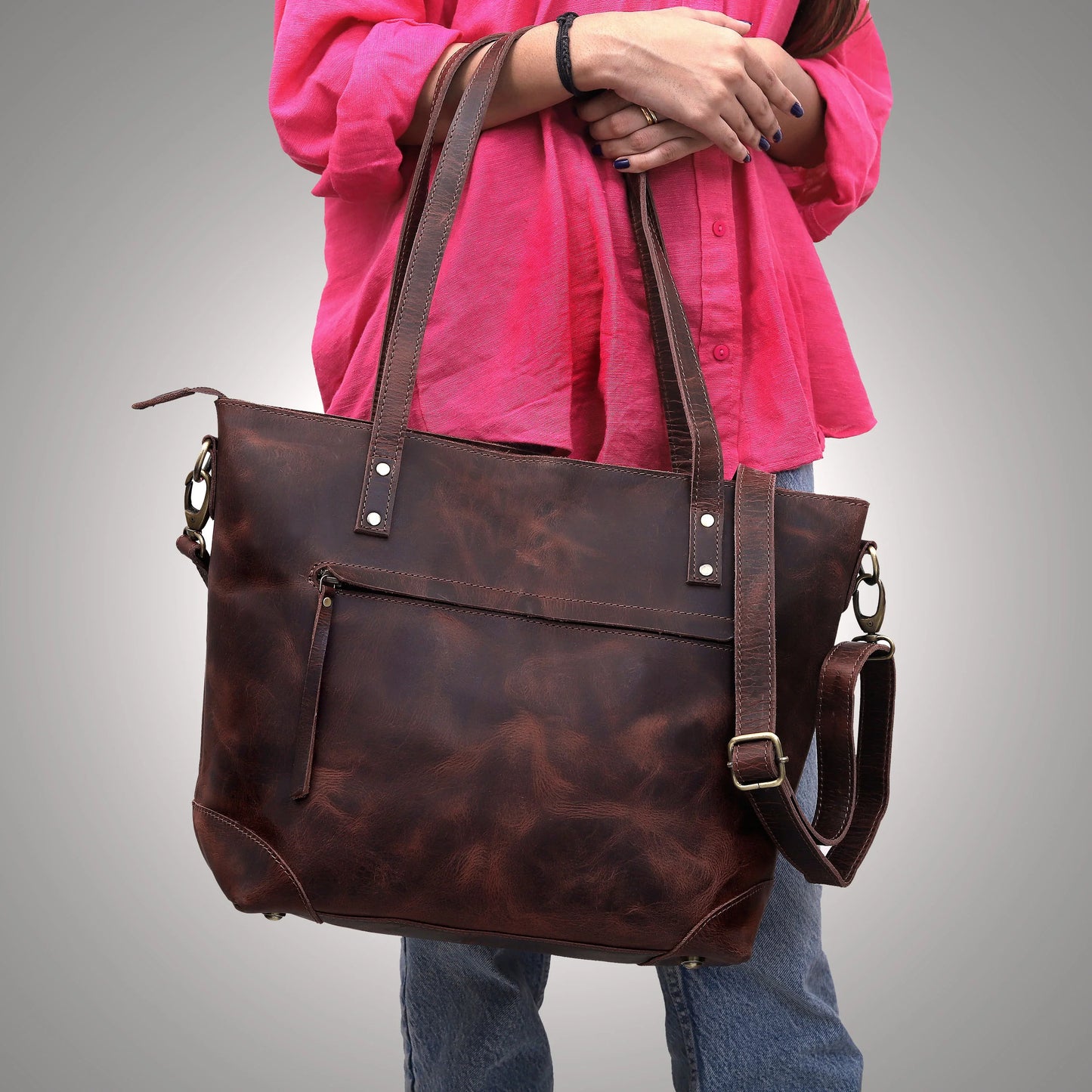 PORTLAND BUFFALO LEATHER TOTE BAG COMBO - BROWN