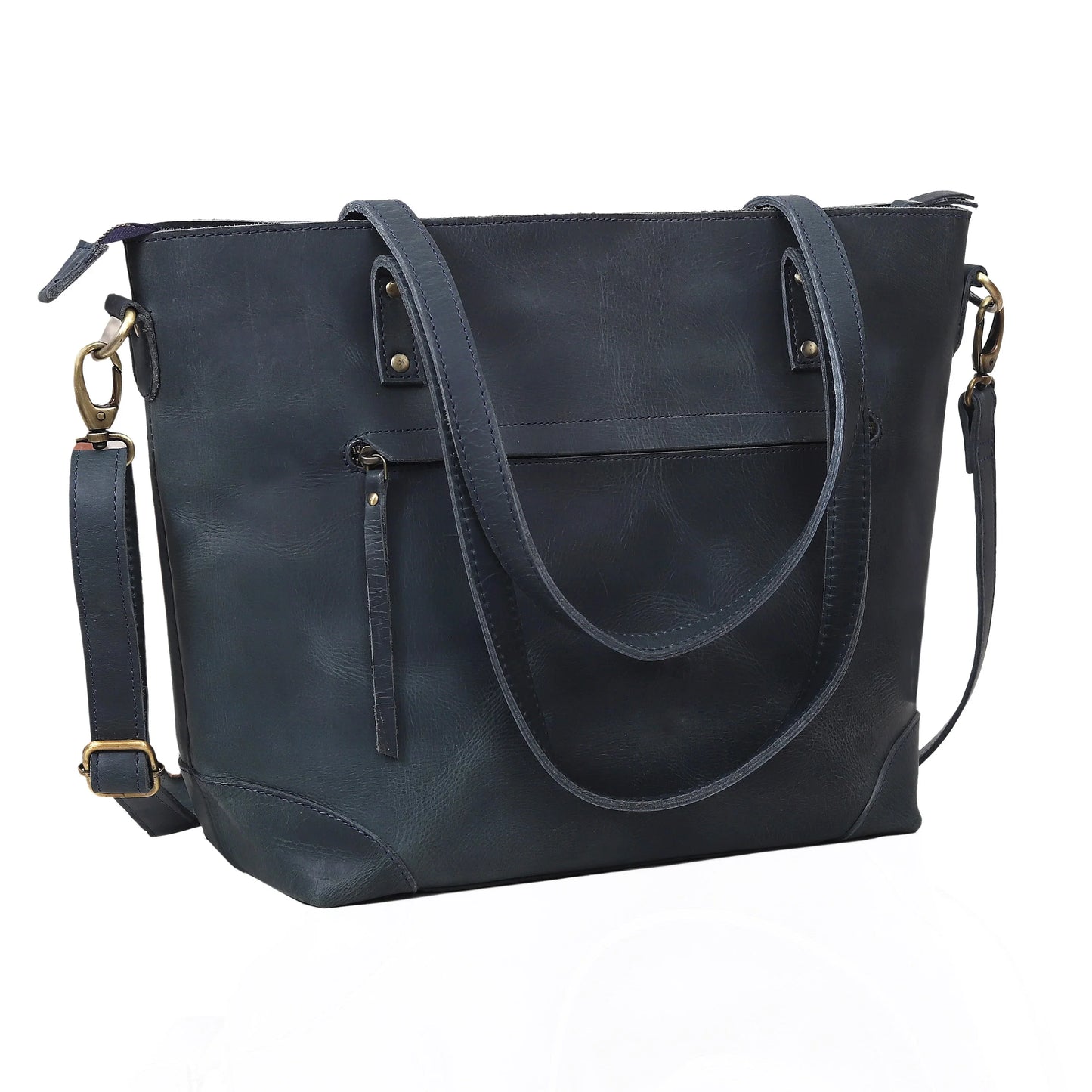 PORTLAND BUFFALO LEATHER TOTE BAG - NAVY