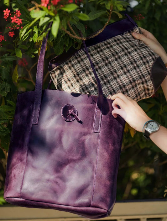 Purple Leather Tote Bag