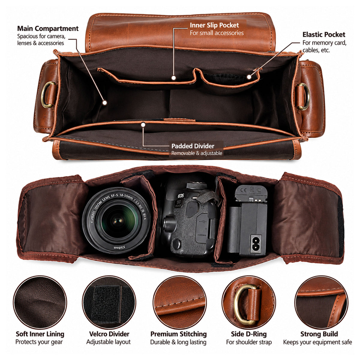 Camera Leather Crossbody Bag - Tan