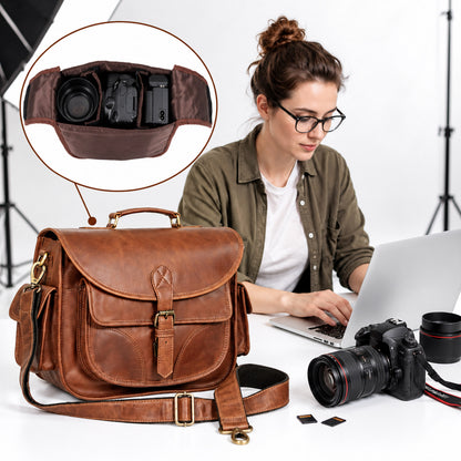 Camera Leather Crossbody Bag - Tan