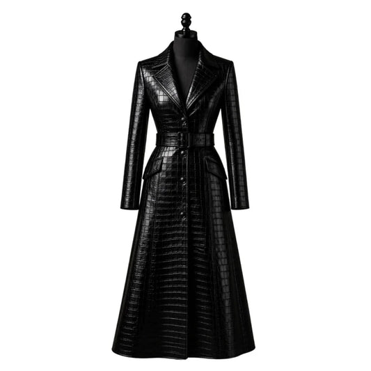 La Vista Black Leather Trench Coat for Women
