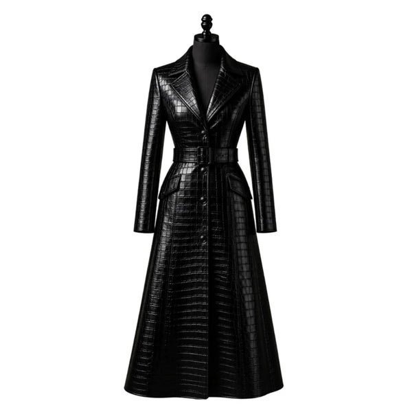 La Vista Black Leather Trench Coat for Women