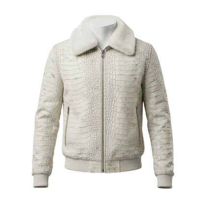 Men's White Crocodile Embossed Genuine Leather Bomber Jacket