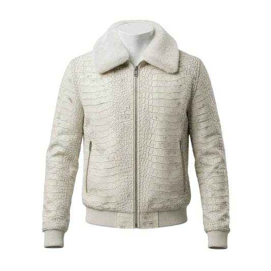 Men's White Crocodile Embossed Genuine Leather Bomber Jacket