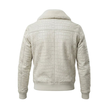 Men's White Crocodile Embossed Genuine Leather Bomber Jacket