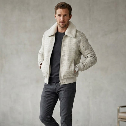 Men's White Crocodile Embossed Genuine Leather Bomber Jacket