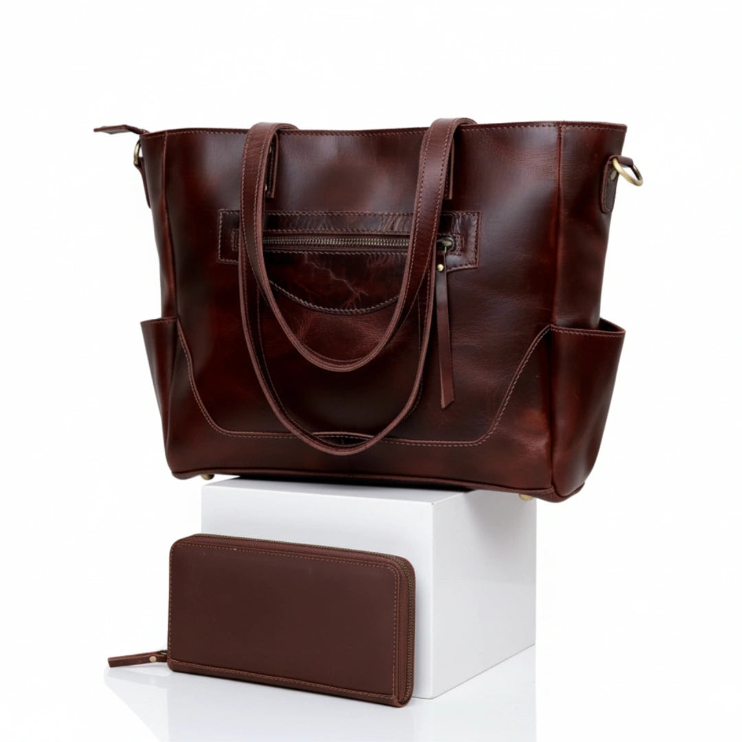 Portland Buffalo Leather Tote Purse Bag with Zipper - Brown