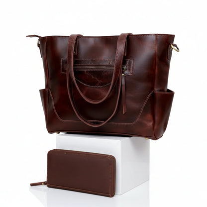 Portland Buffalo Leather Tote Purse Bag with Zipper - Brown