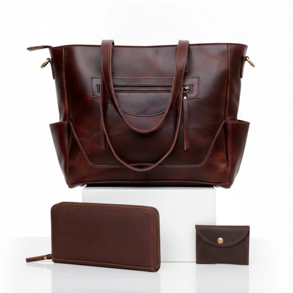 Portland Buffalo Leather Laptop Tote Bag Combo - Burgundy