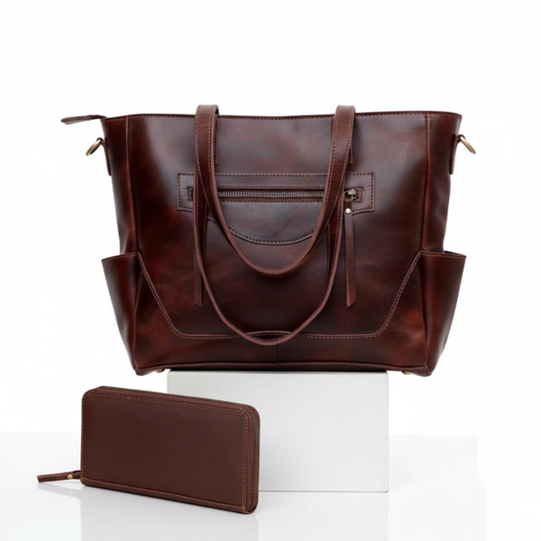 Portland Buffalo Leather Tote Purse Bag with Zipper Combo - Brown