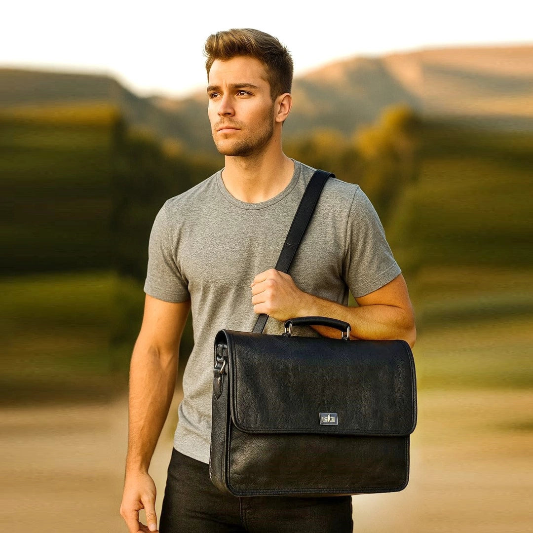 Captain Onyx Black Leather Messenger Bag