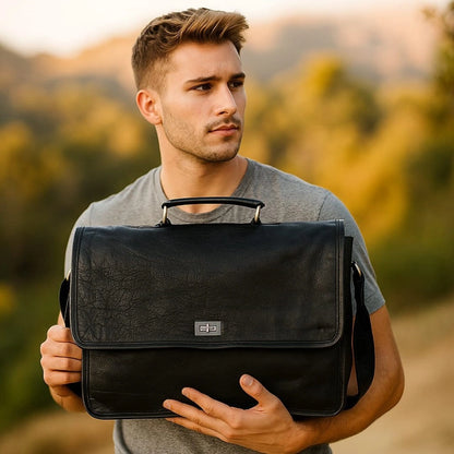 Captain Onyx Black Leather Messenger Bag