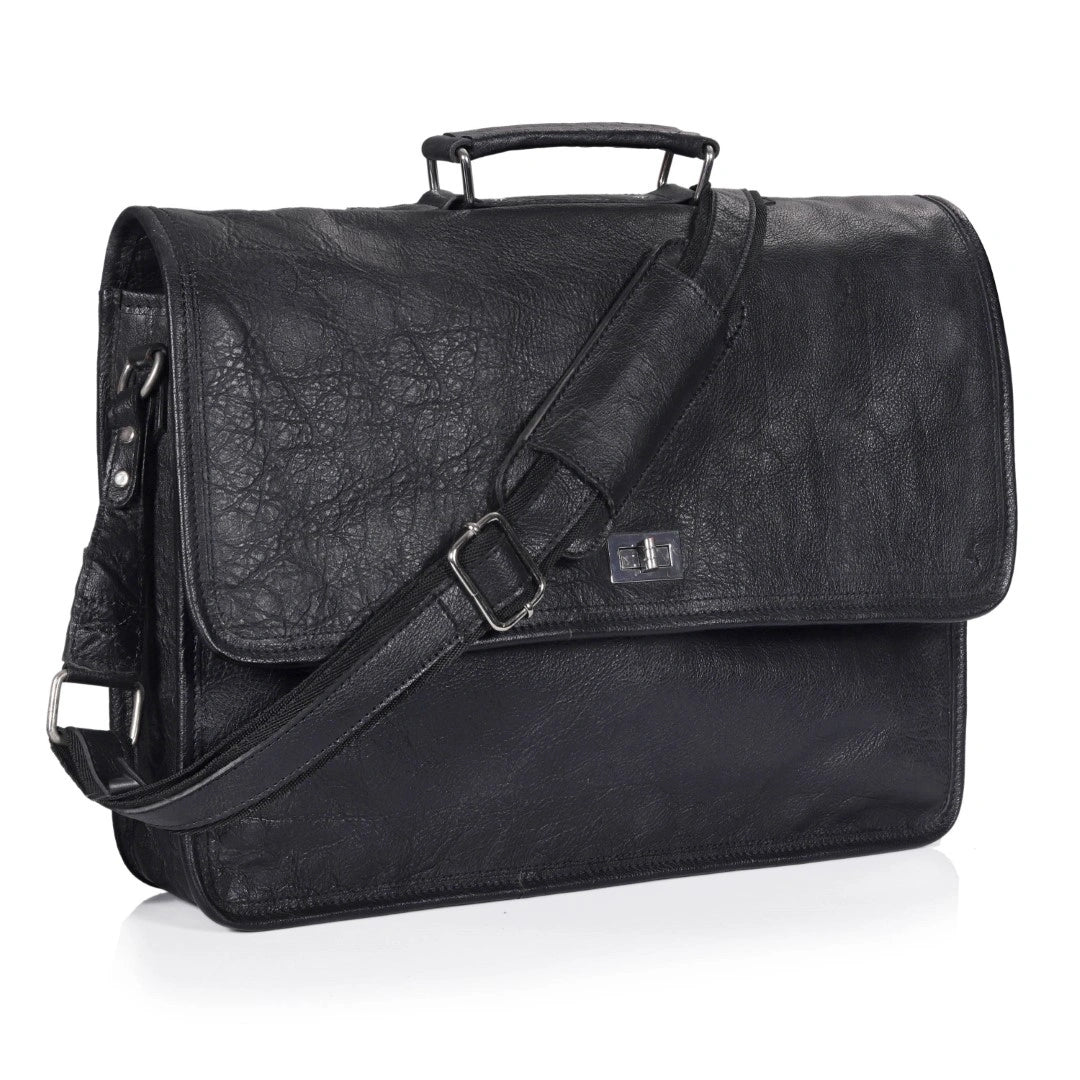 Captain Onyx Black Leather Messenger Bag