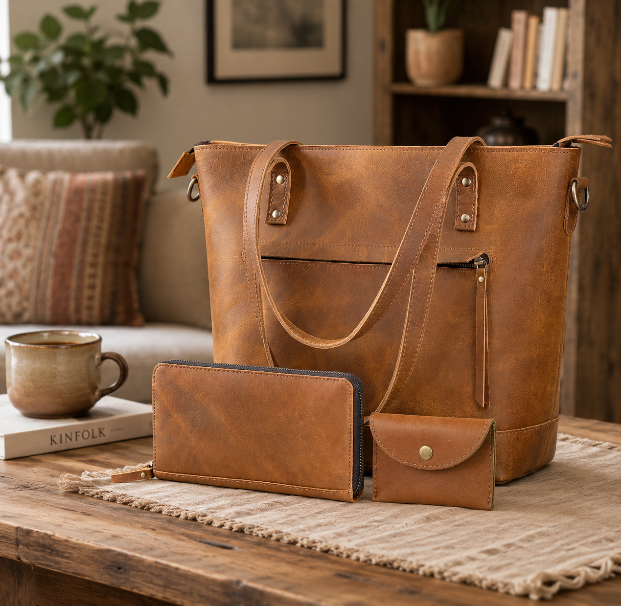 Montana Leather Tote Bag Combo - Tan