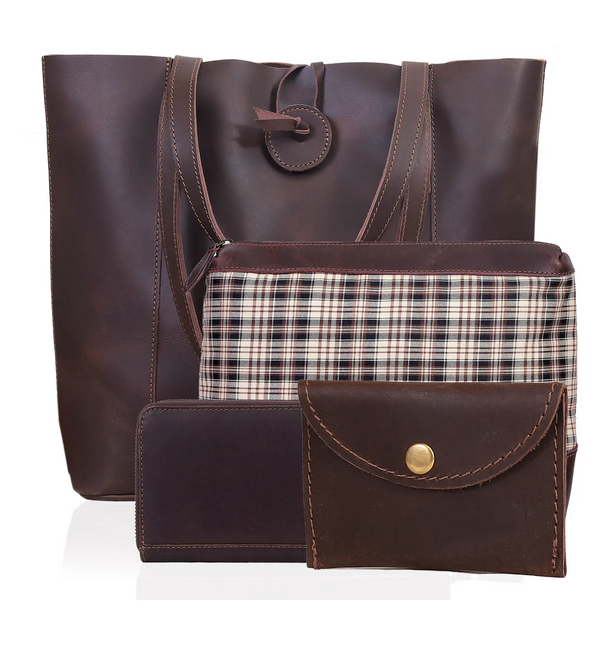 Ensemble sac cabas en cuir Verona pour femme - Bordeaux