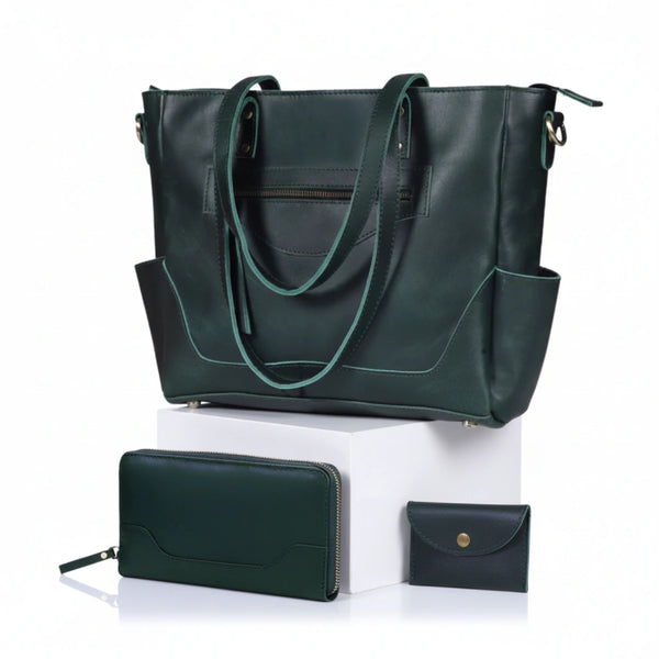 Ensemble sac cabas pour ordinateur portable et sac bandoulière Portland en cuir de buffle - Vert