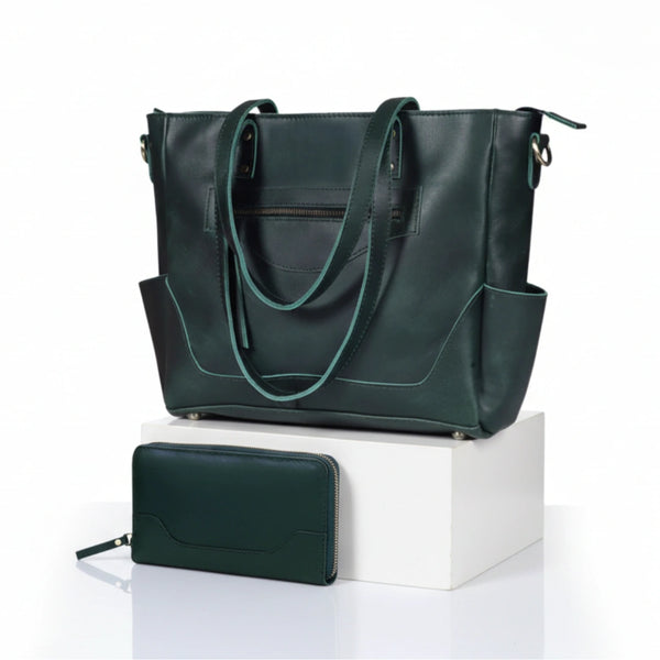 Ensemble sac cabas pour ordinateur portable et sac bandoulière Portland en cuir de buffle - Vert