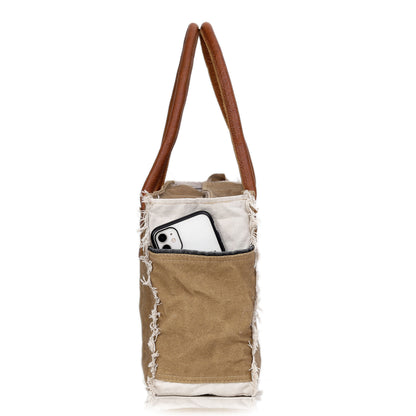 Upcycled Canvas Leather Tote Bag Khaki