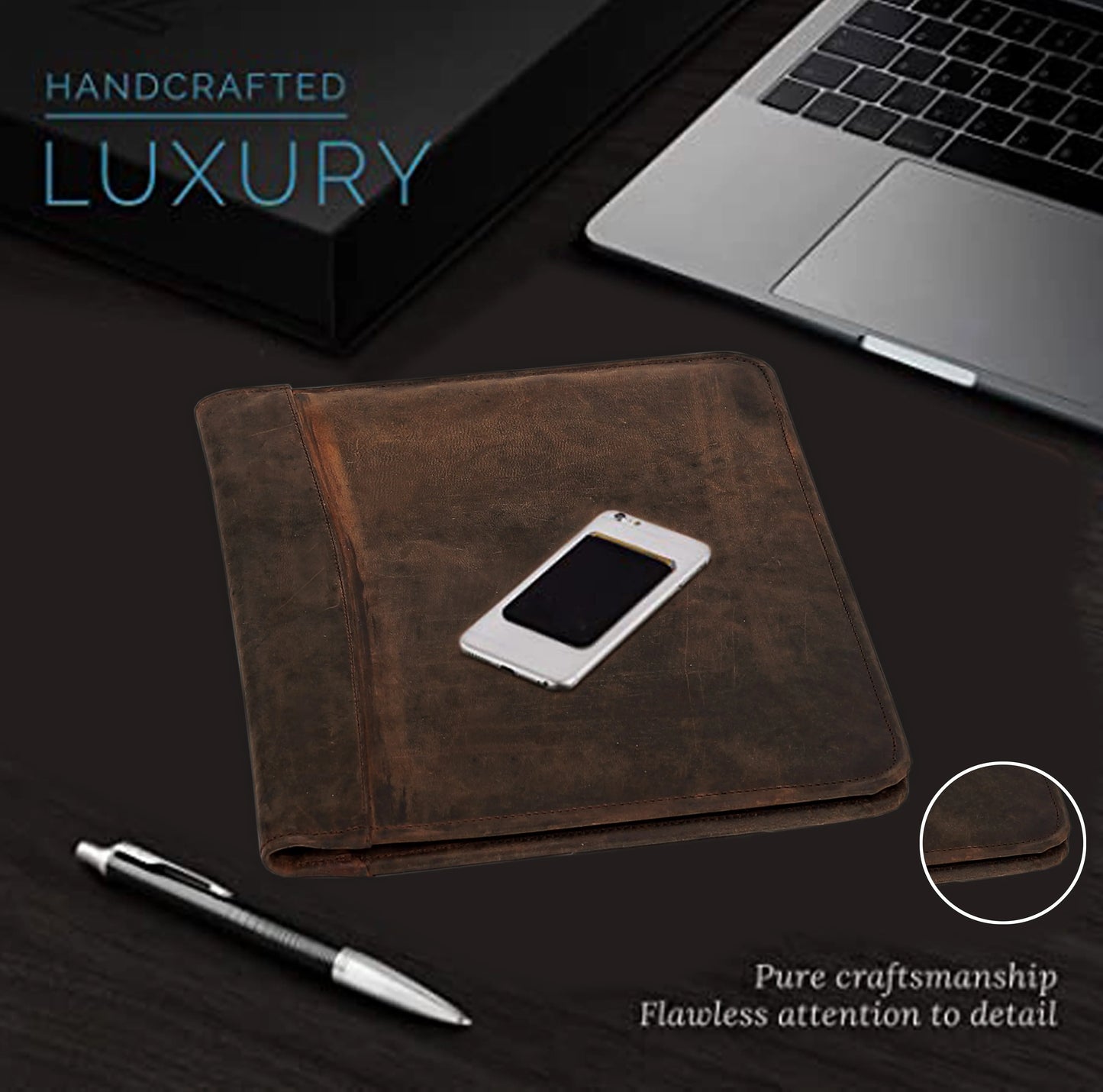 Premium Full-Grain Leather Padfolio with Pockets