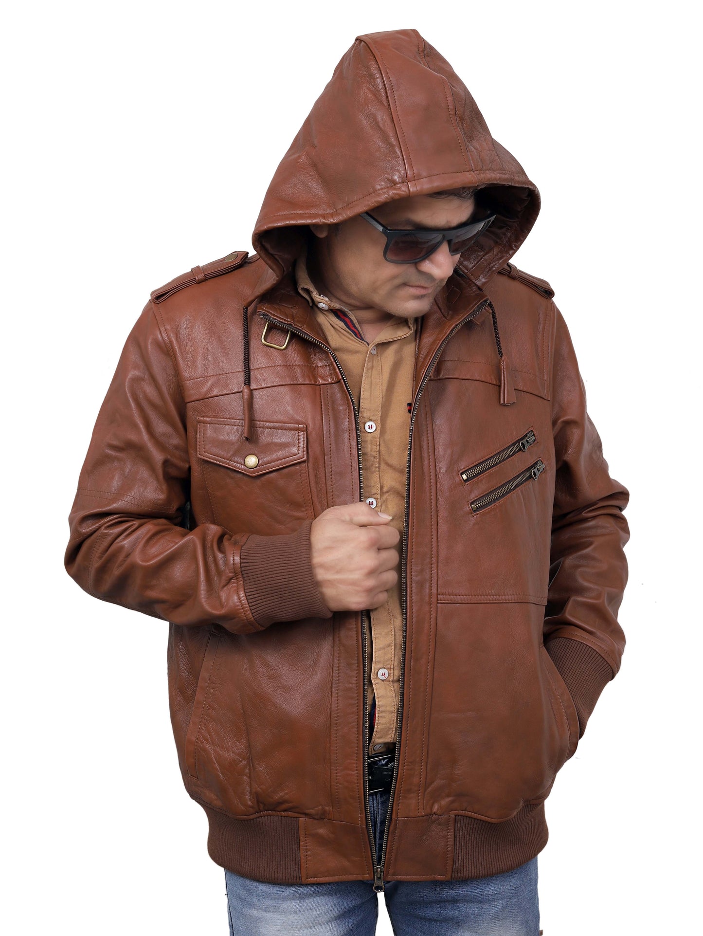 Vintage Retro Leather Jacket  Men's Leather Jacket-Fall Winter Vintage Motorcycle Biker Jacket with Removable Hood