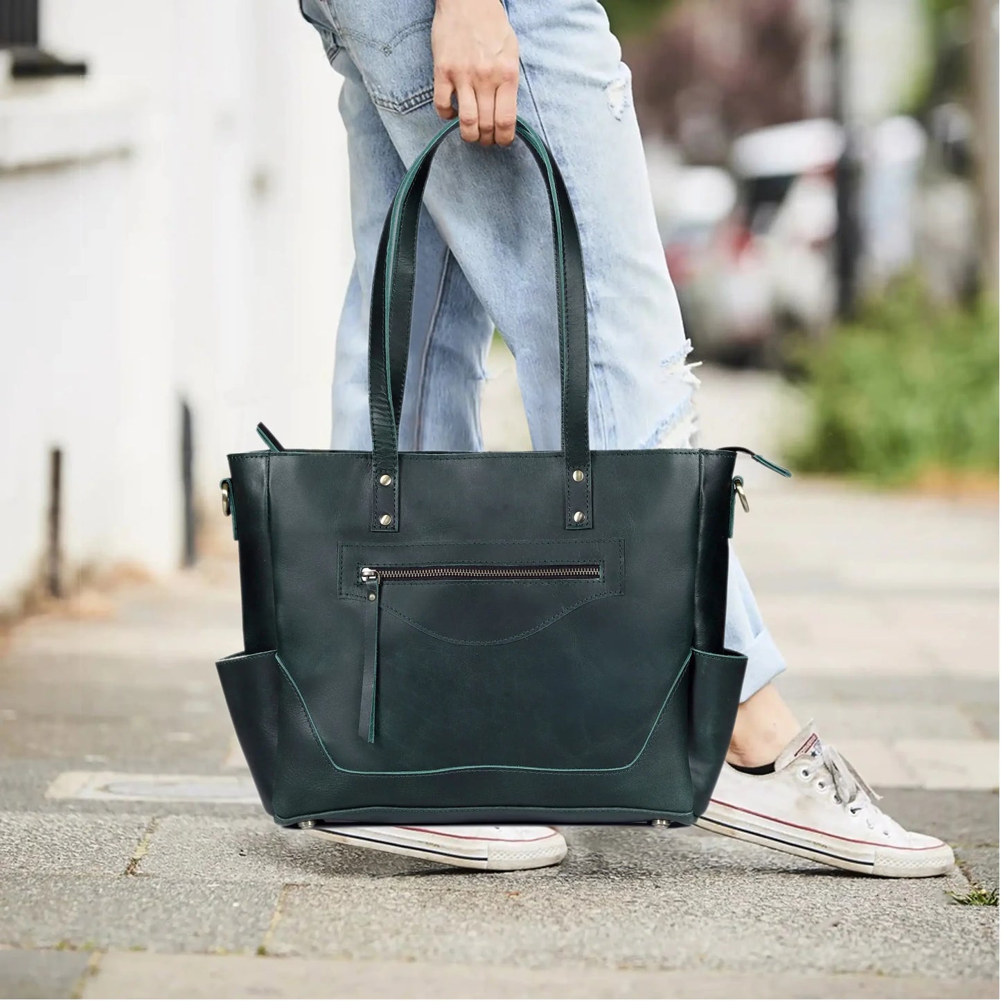 Portland Buffalo Leather Crossbody Laptop Tote Bag - Green