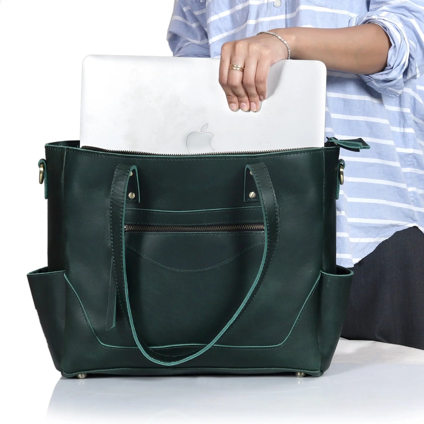 Portland Buffalo Leather Crossbody Laptop Tote Bag - Green