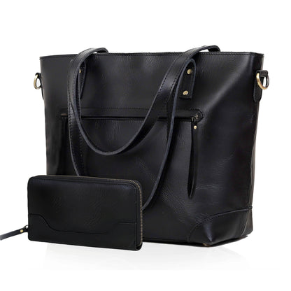 PORTLAND BUFFALO LEATHER TOTE BAG - BLACK