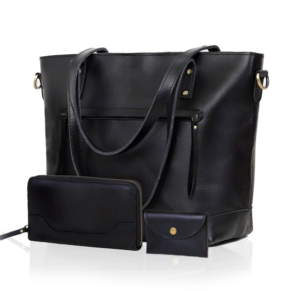 Portland Buffalo Leather Tote Bag Combo - Black