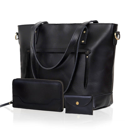 PORTLAND BUFFALO LEATHER TOTE BAG - BLACK