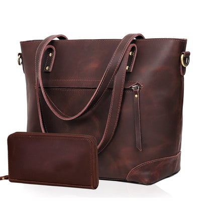 PORTLAND BUFFALO LEATHER TOTE BAG COMBO - BROWN