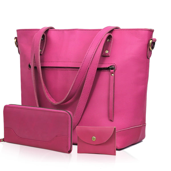 Portland Buffalo Leather Tote Bag Combo - Pink