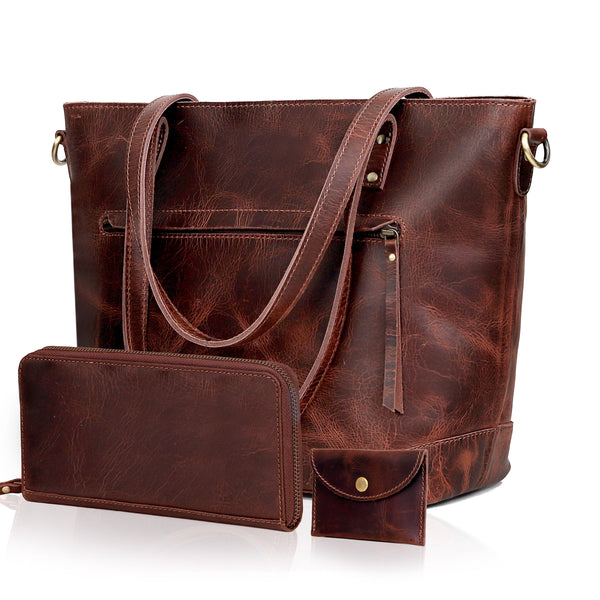 Ensemble sac cabas en cuir de buffle Portland bordeaux