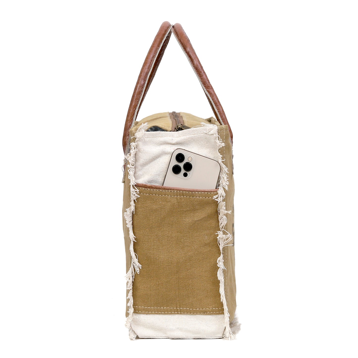 Upcycled Canvas Leather Tote Bag Khaki