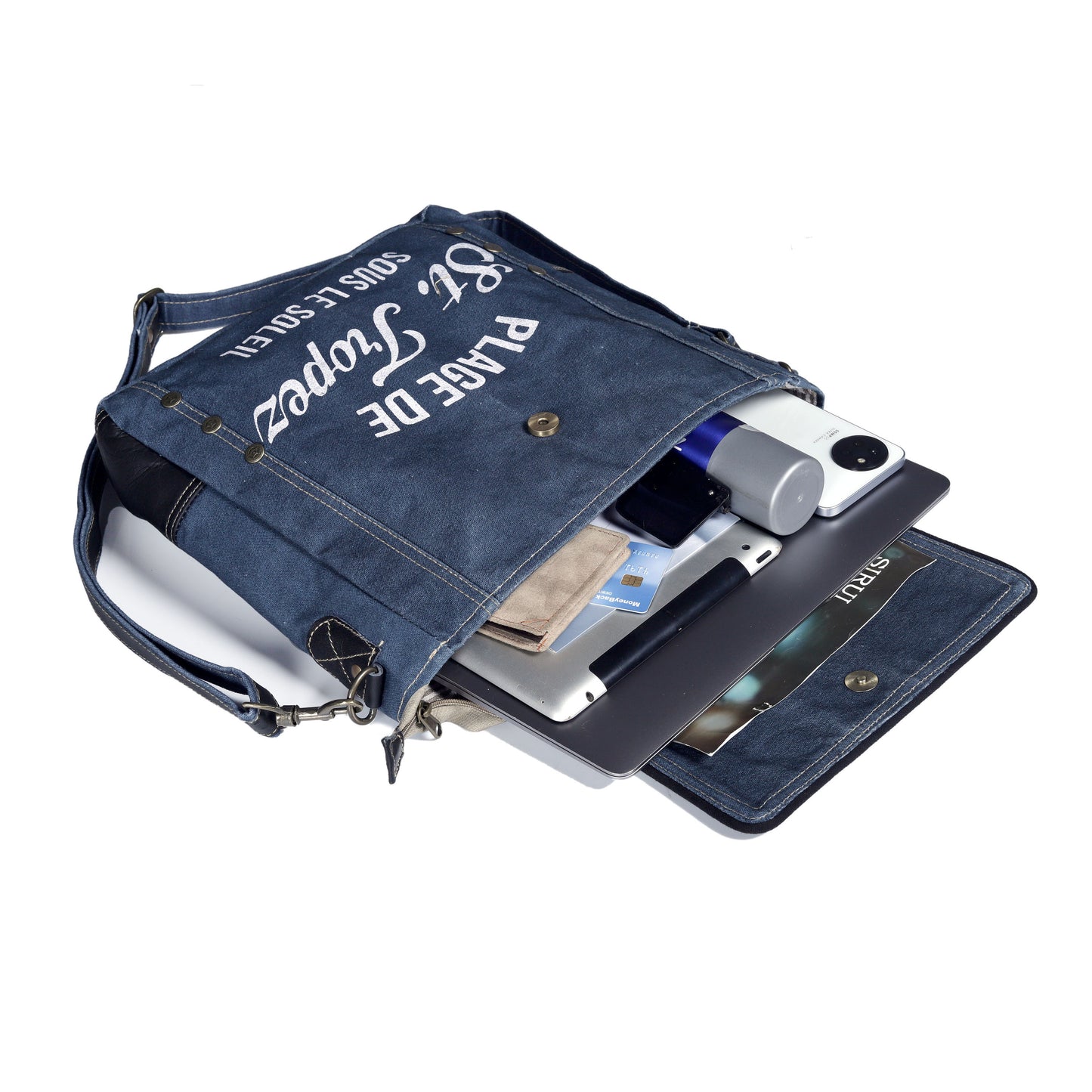 DENIM CANVAS FLAP CROSSBODY BAG