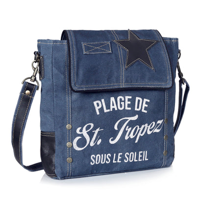 DENIM CANVAS FLAP CROSSBODY BAG