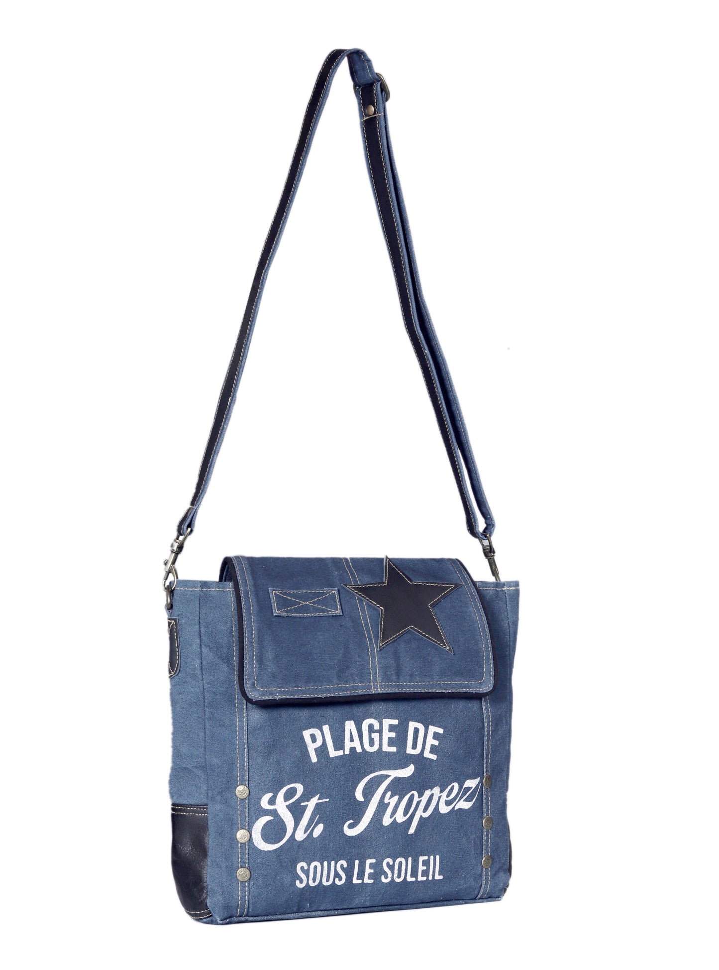 DENIM CANVAS FLAP CROSSBODY BAG