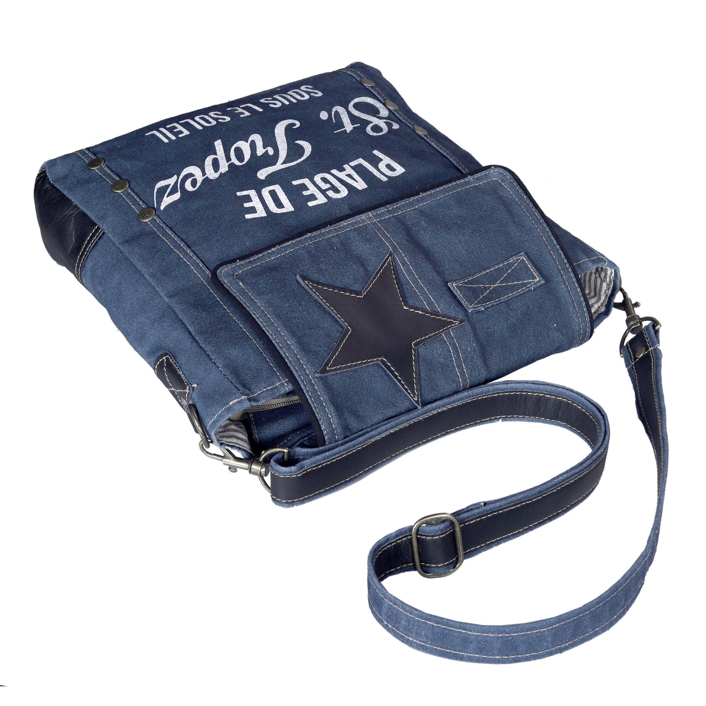 DENIM CANVAS FLAP CROSSBODY BAG
