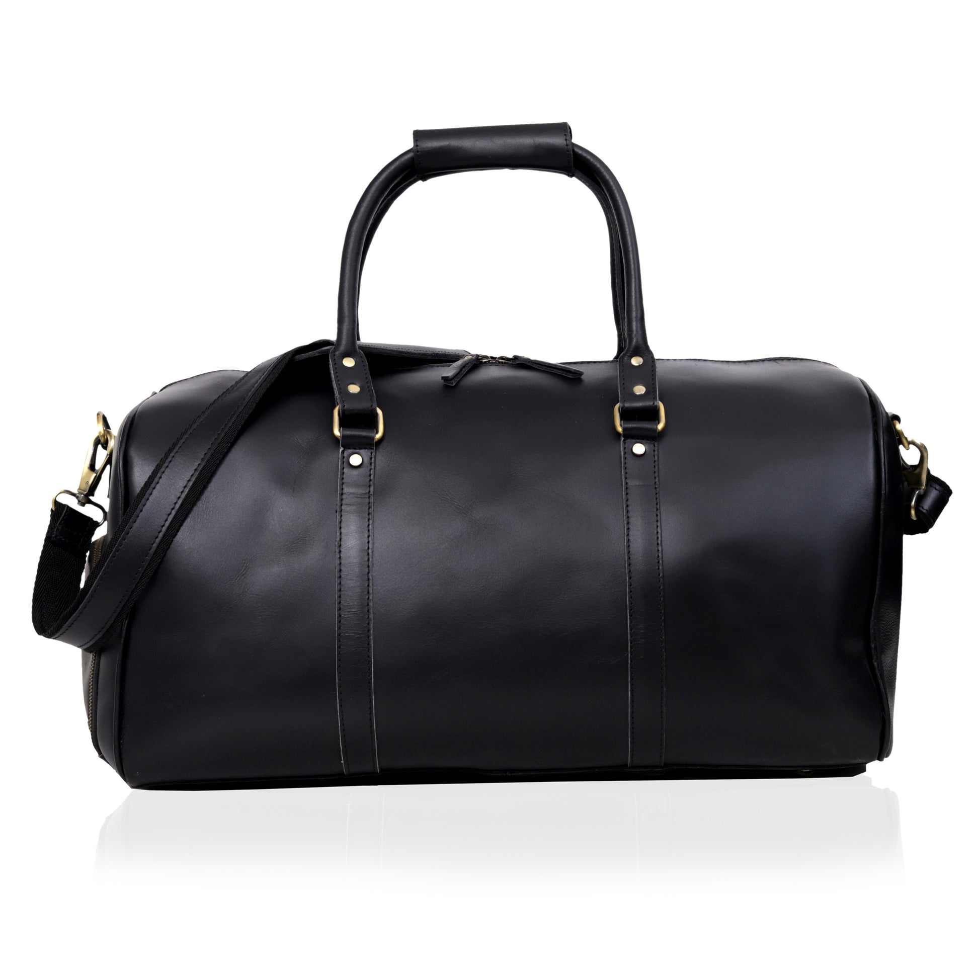 black leather travel duffel bag Classic Set 24 convertible strap drop Rolled top handles Inside compartment pockets on both sides External compartments to easily store travel documents Removable shoulder strap Black Leather Duffle Bag for
