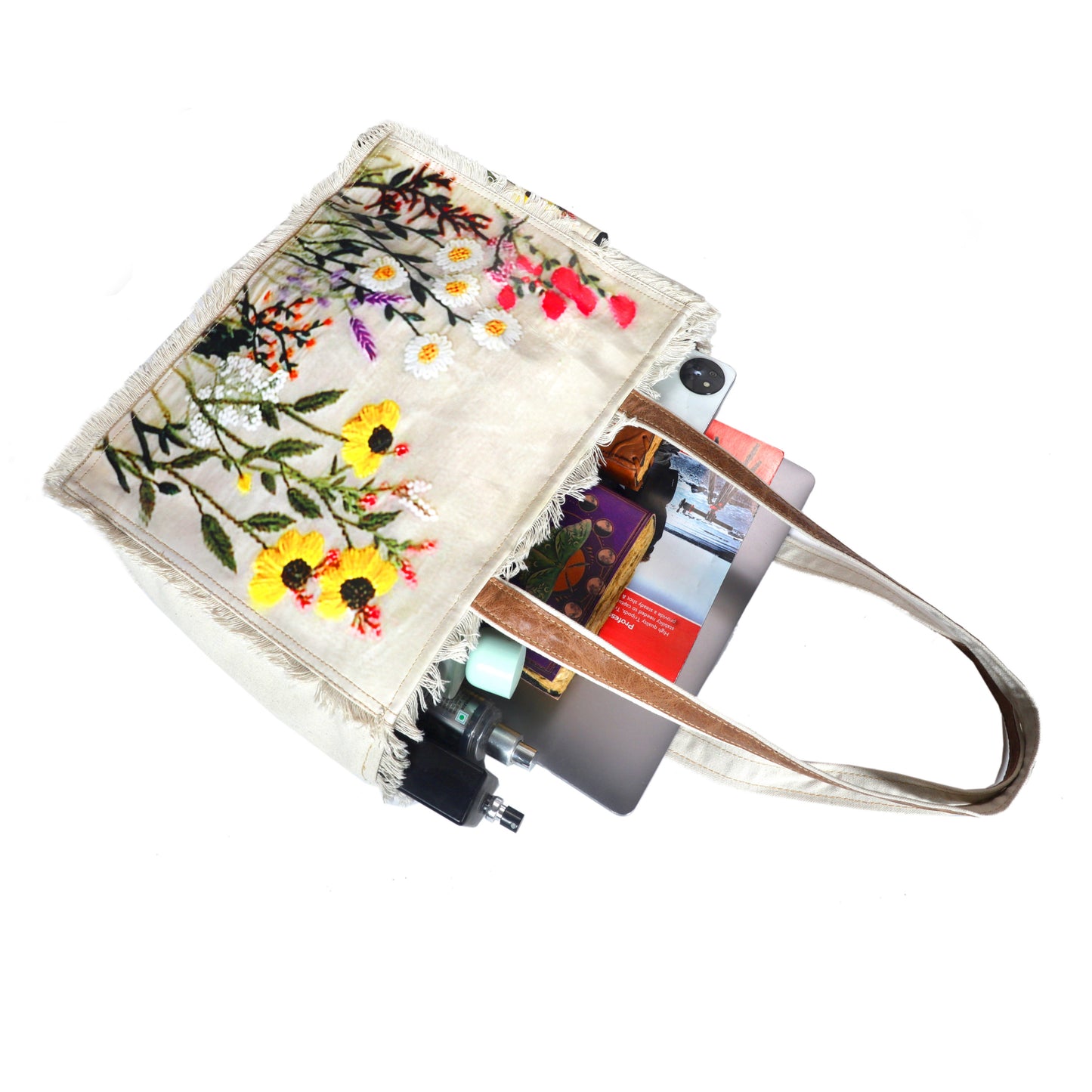 Boho Floral Embroidered Canvas Tote Bag